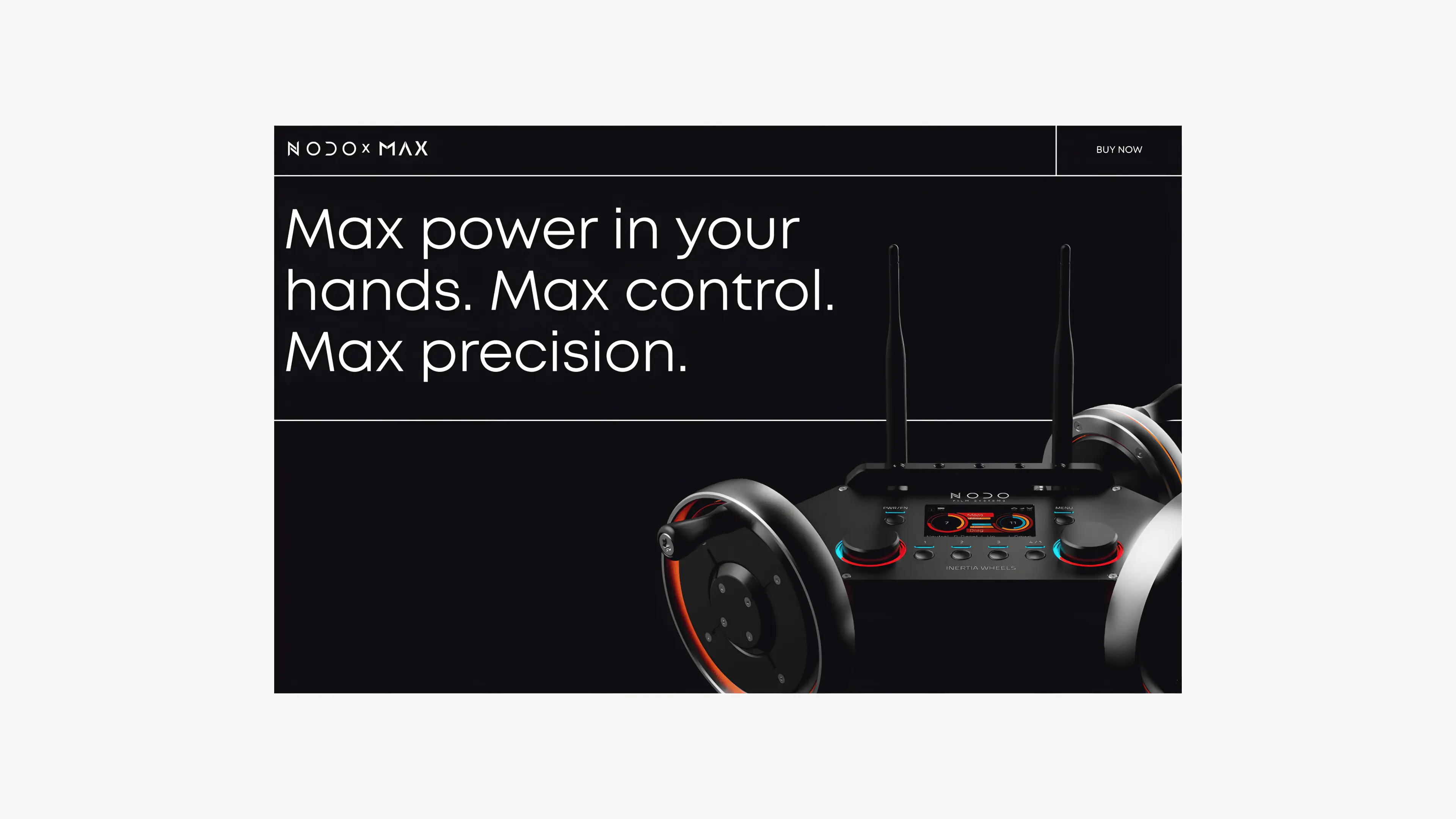 NODO x MAX device with wheels and control knobs beside text about max power, control, and precision.