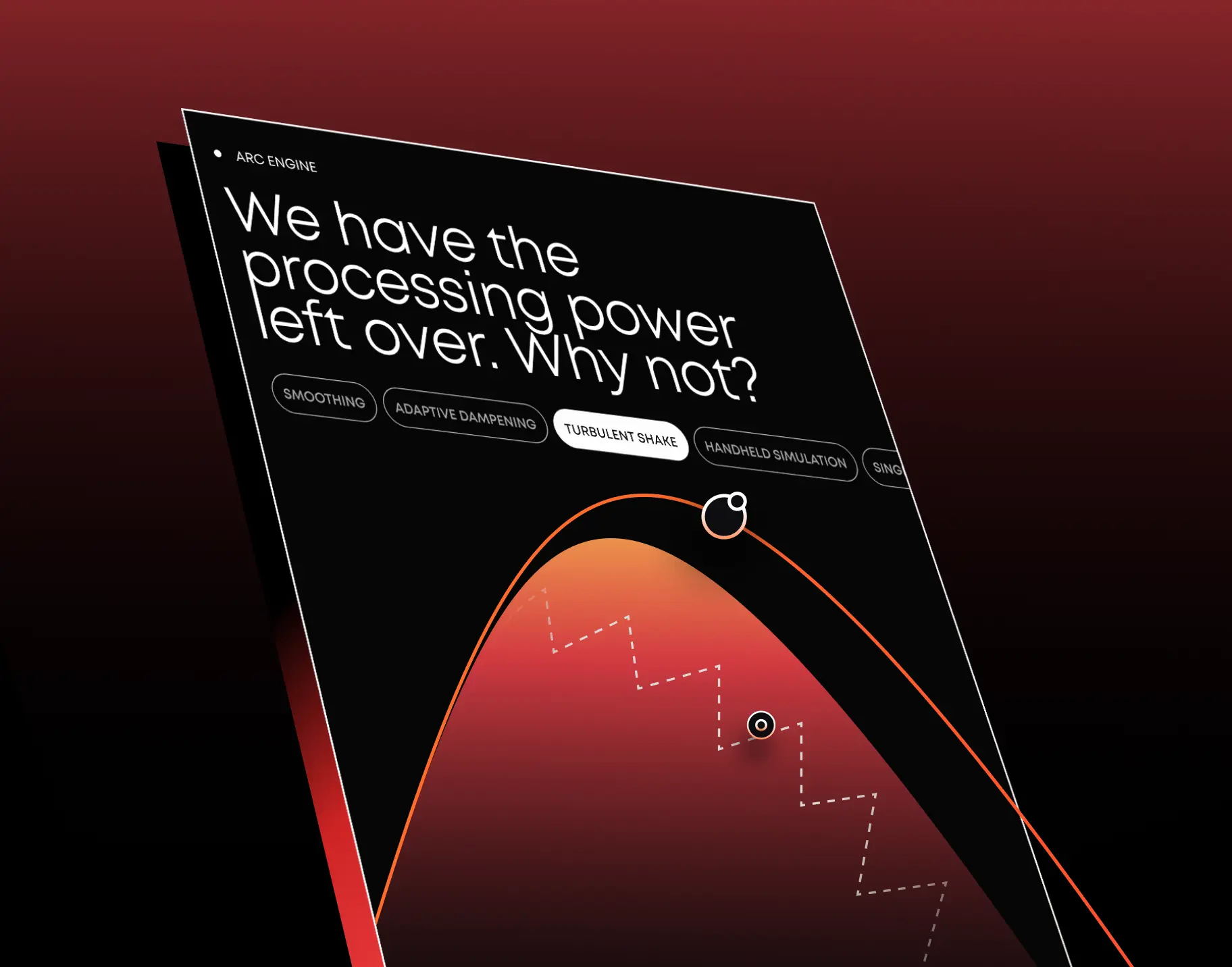 Digital interface showing ARC ENGINE with text on processing power and options like Turbulent Shake.