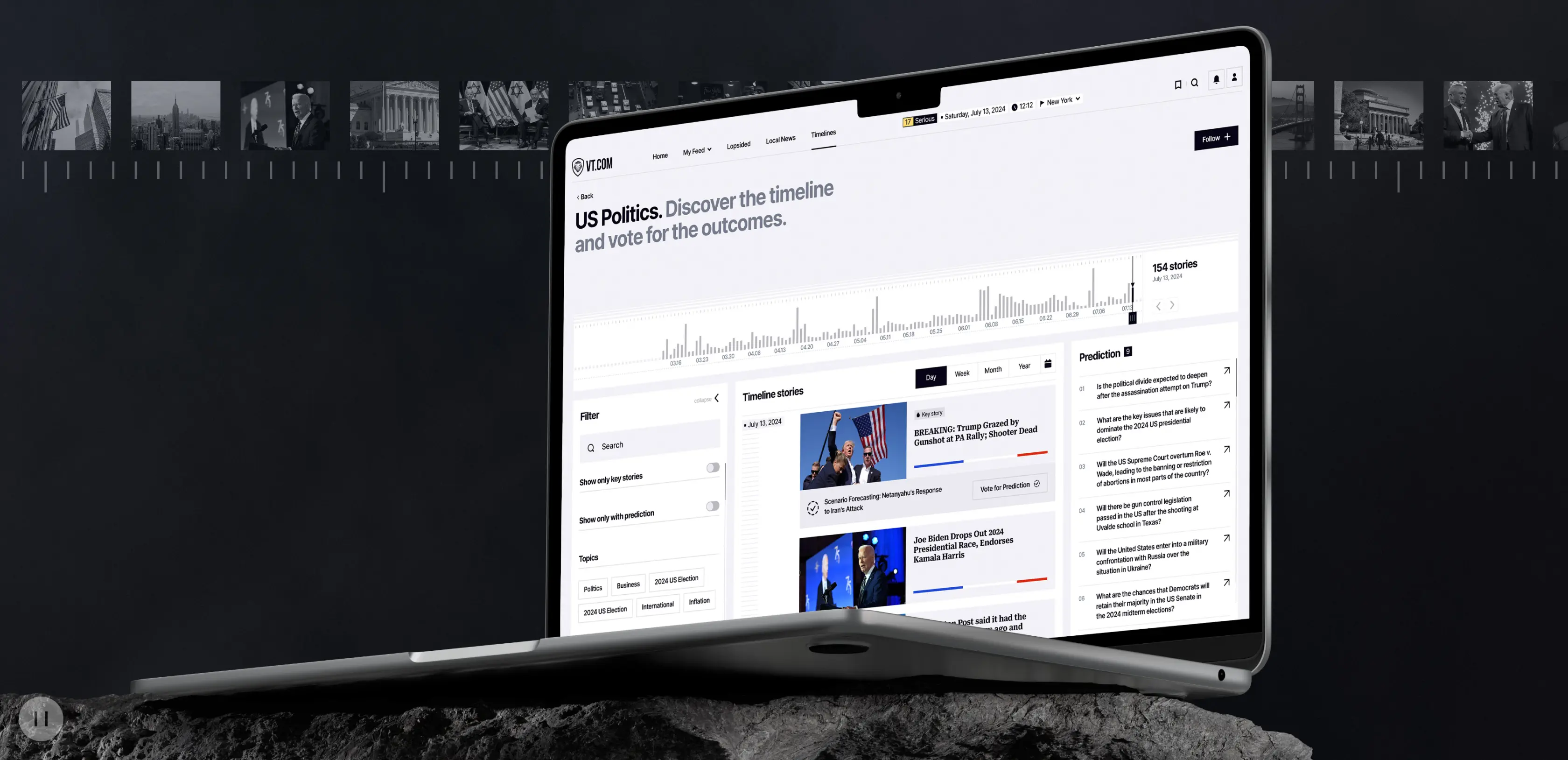 Laptop showing a US politics timeline webpage with news and predictions about the 2024 election.