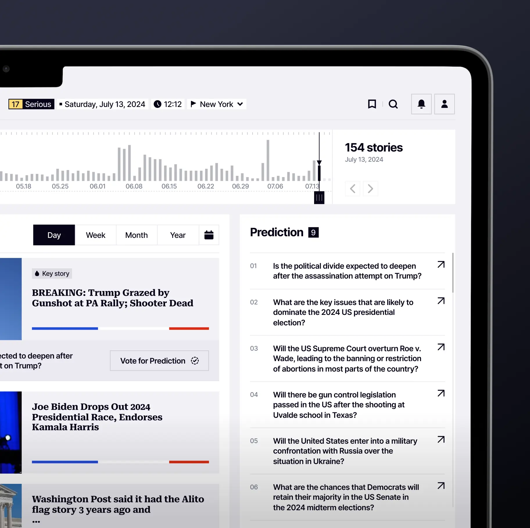 Tablet screen showing news and prediction list about US politics, including Trump gunshot and 2024 election topics.
