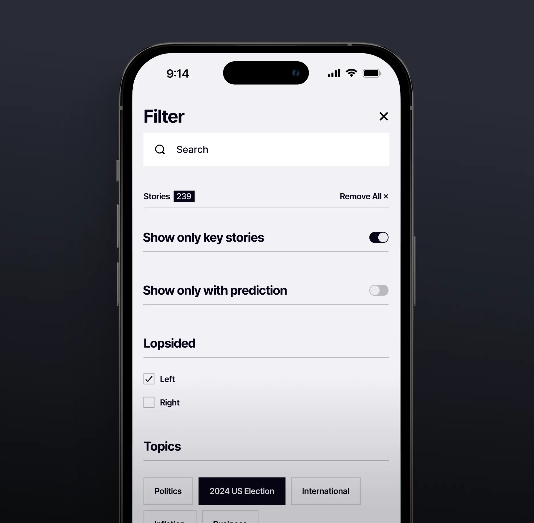 Phone screen showing filter options with toggles for key stories and prediction, checkboxes for lopsidedness, and topics.