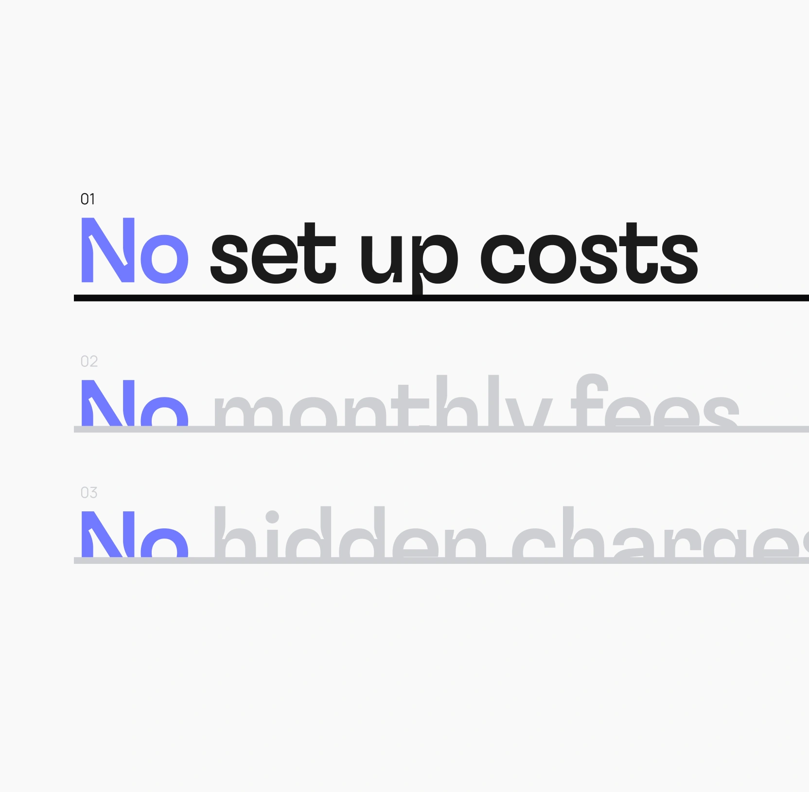 Text listing benefits with the first highlighted: No set up costs, no monthly fees, no hidden charges.