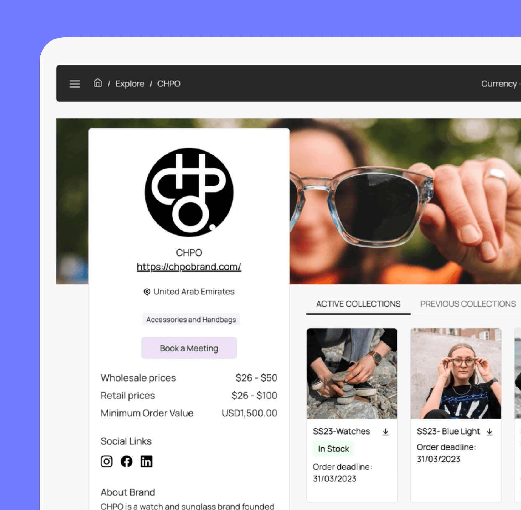 CHPO brand page showing logo, website link, UAE location, pricing, social links, and active collections with order deadlines.