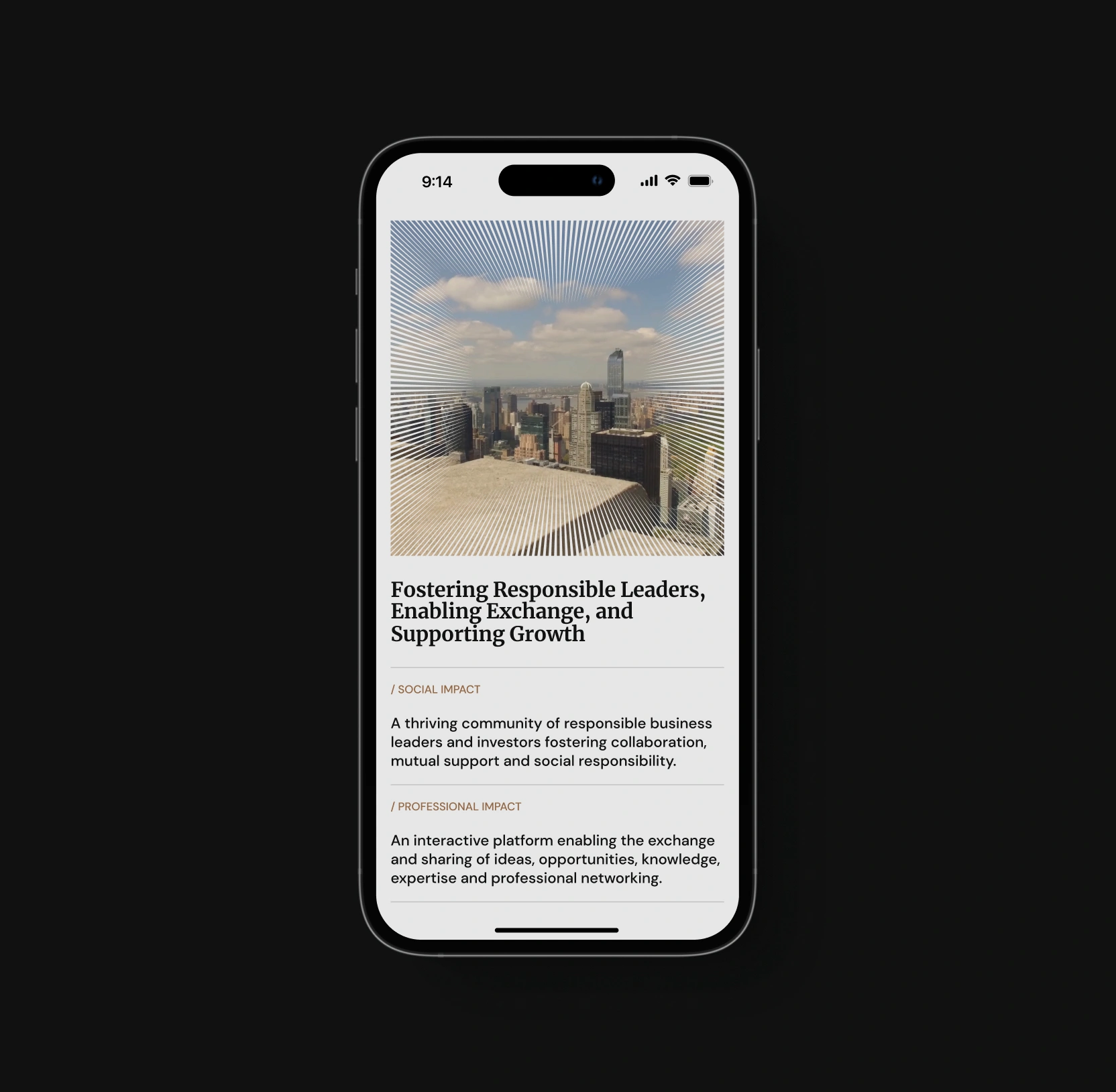 Smartphone screen showing city skyline image and text on fostering responsible leaders and enabling exchange.