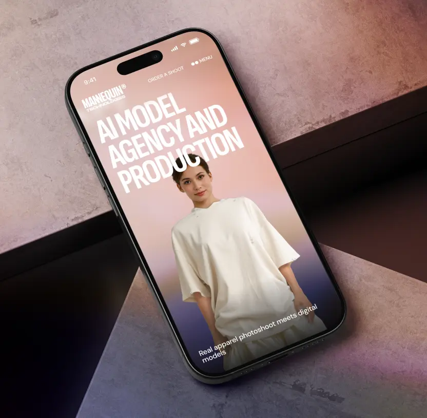 Smartphone screen showing an AI model agency website with a digital model in a white outfit.
