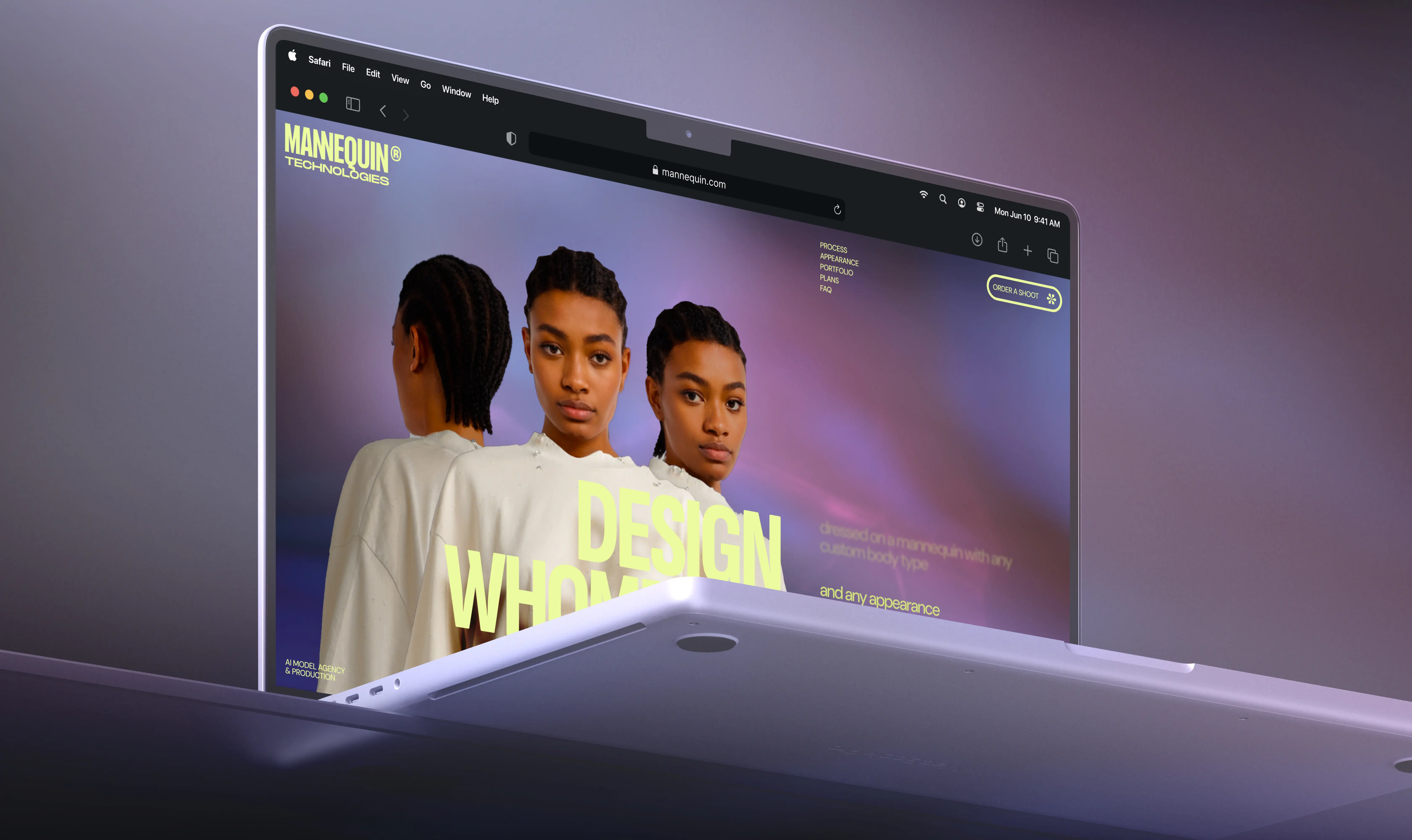 Laptop screen showing a fashion model from three angles with bold text about design and appearance.
