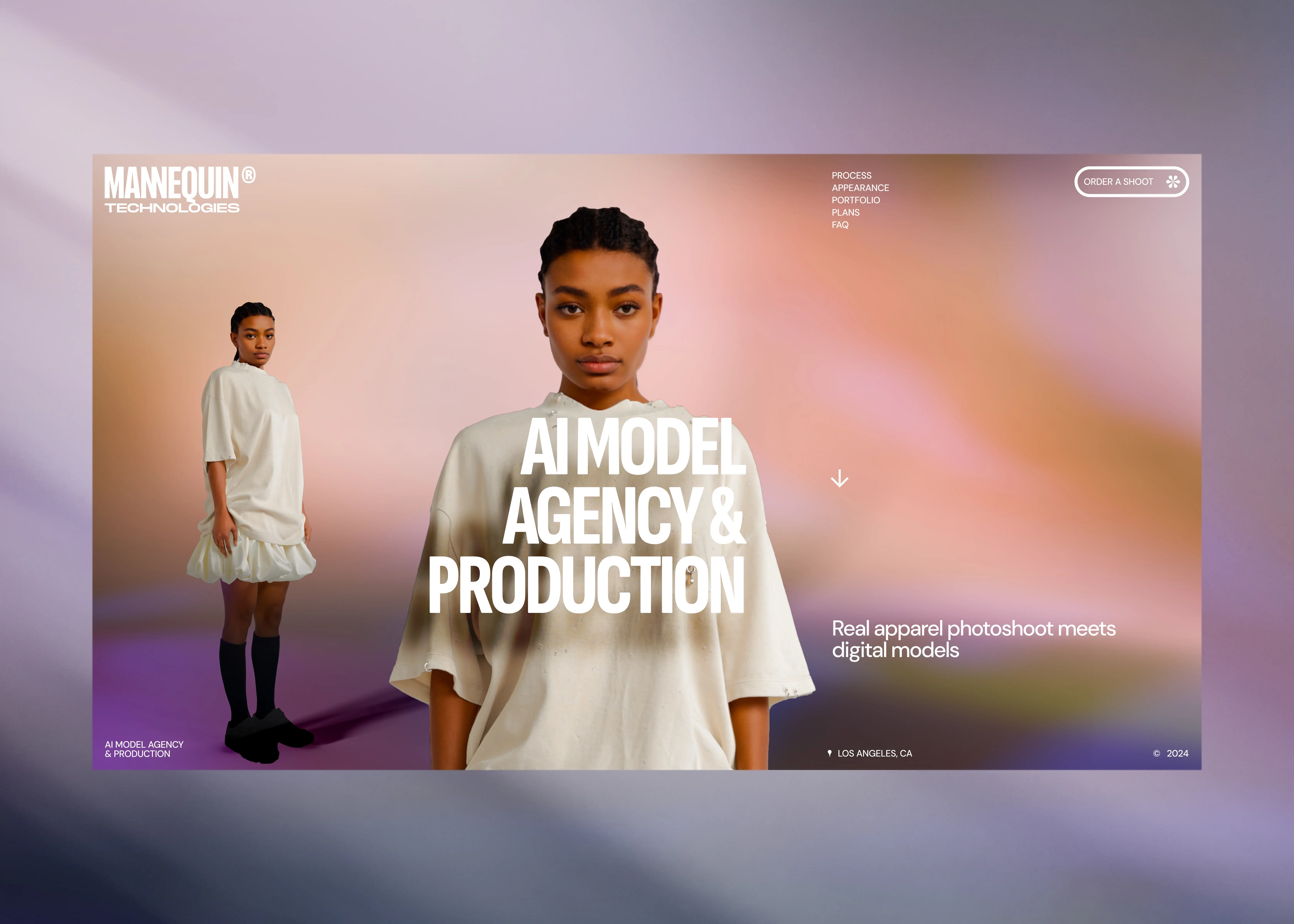 Two digital AI models in oversized cream shirts on a gradient peach-purple background.