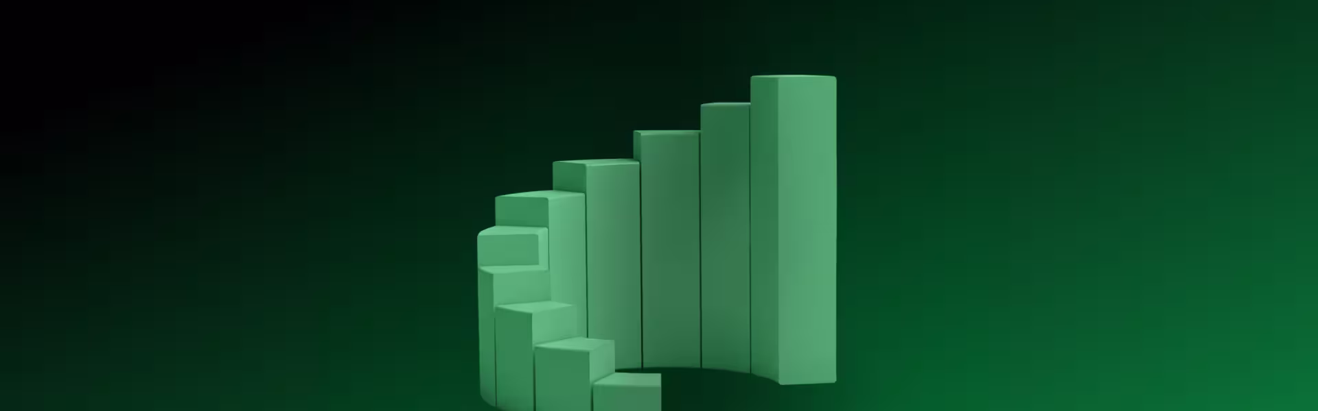 Green three-dimensional bar chart arranged in a rising semi-circle on a dark green background.