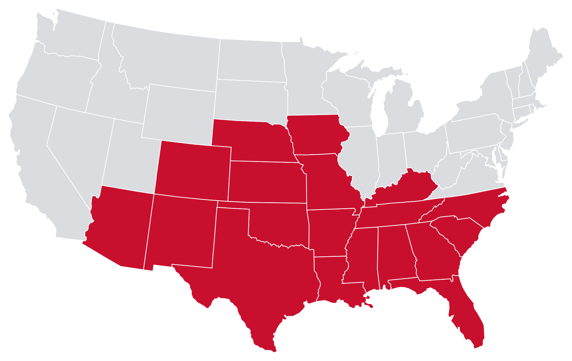 Map of the United States with Teague target states highlighted