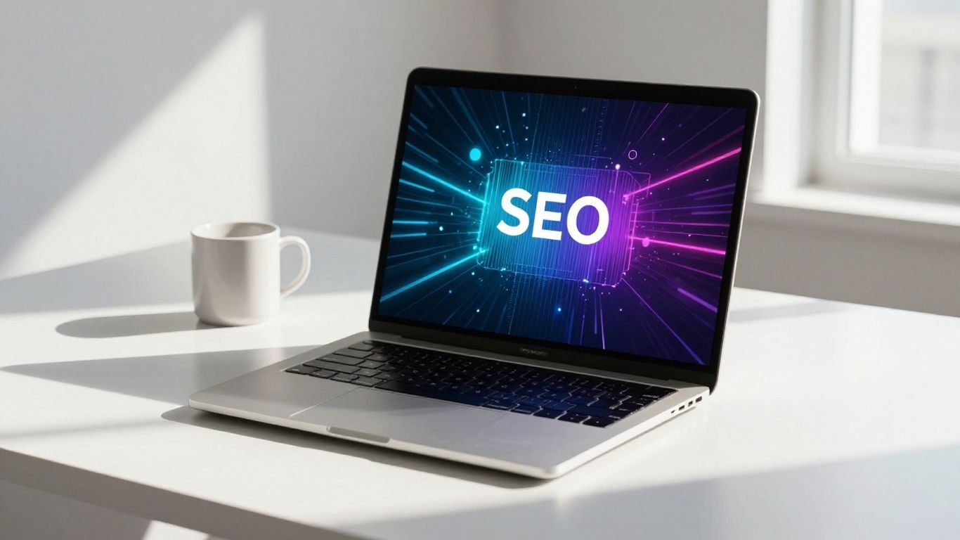 Surfer SEO logo on a laptop screen.