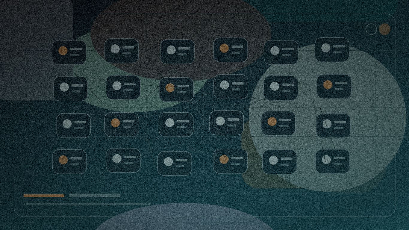 Abstract digital interface with rows of rounded rectangles and circles.