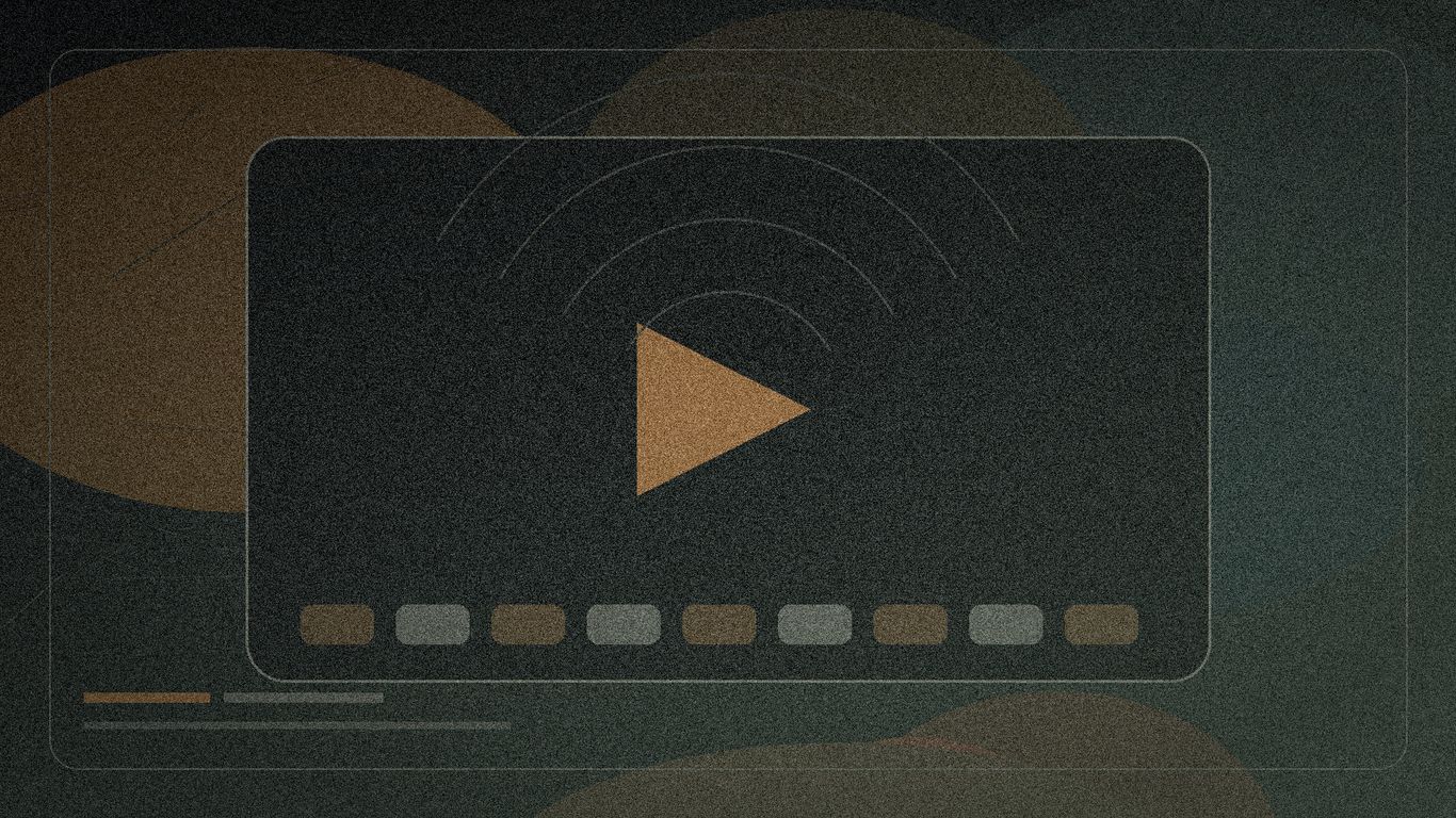 A digital interface with a play button and broadcast waves.