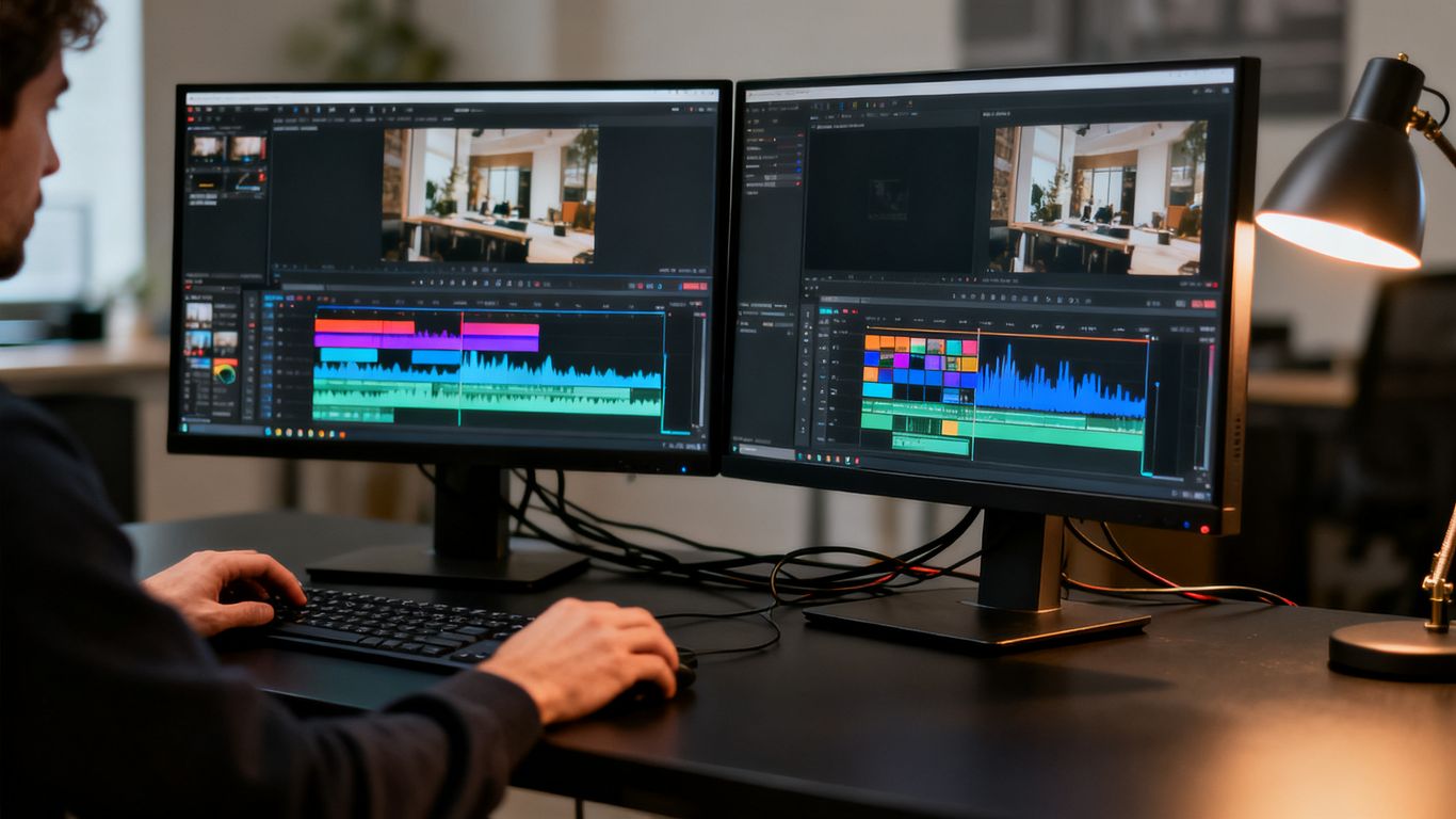 Professional video editor working on timeline