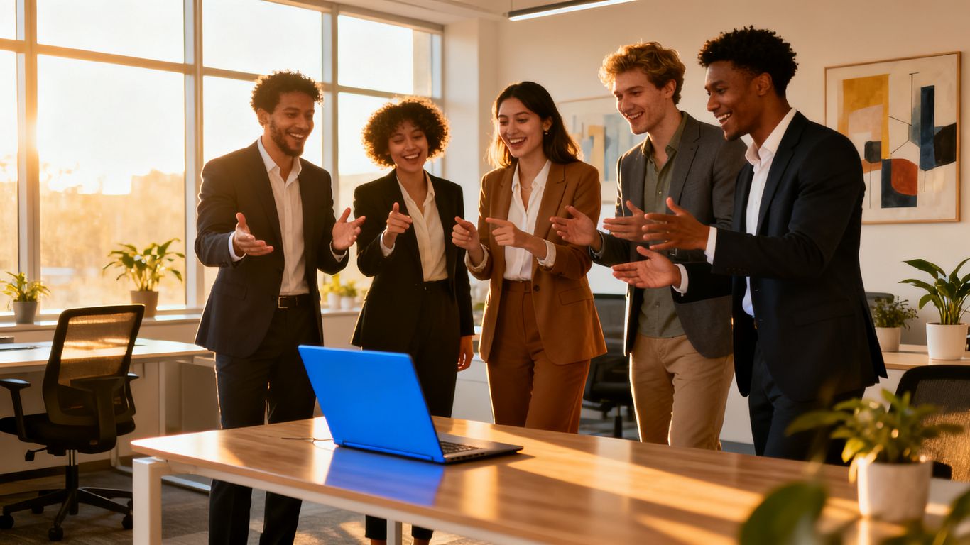 A diverse professional team using smart devices