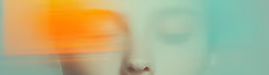 Close-up of a blurred face with eyes closed overlaid by horizontal orange and green color streaks.