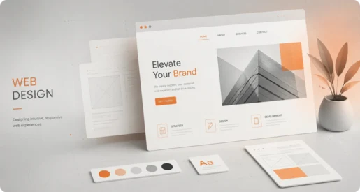 Modern web design illustration featuring a responsive website layout, wireframes, UI elements, and brand styling in orange, gray, and white tones.