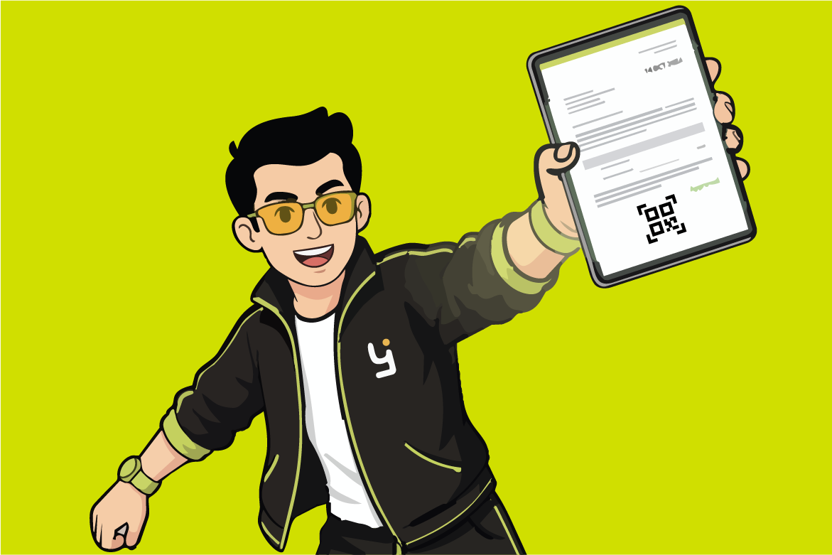 Persona con gafas amarillas y chaqueta negra mostrando un documento digital con código QR.