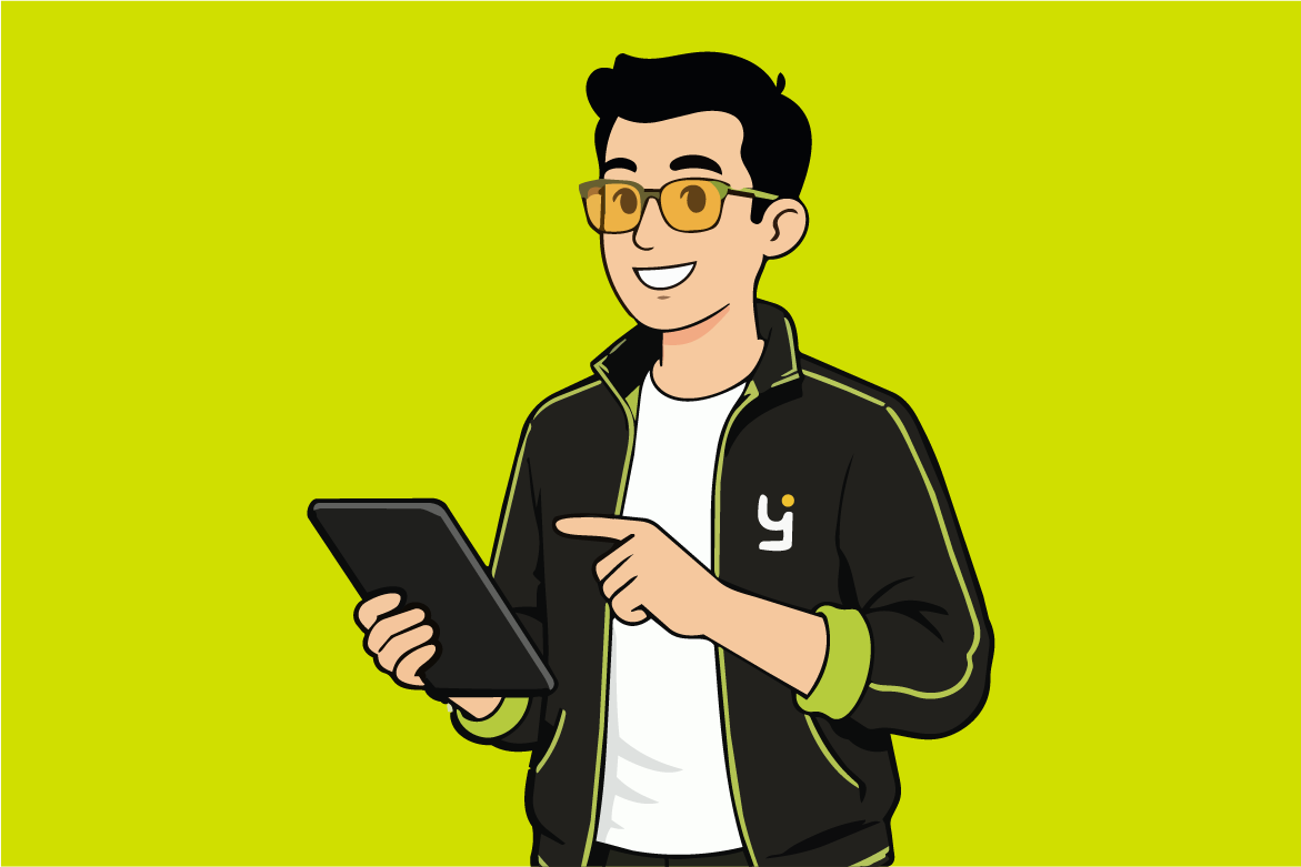 Hombre sonriente con gafas amarillas usando una tableta contra fondo verde neón.
