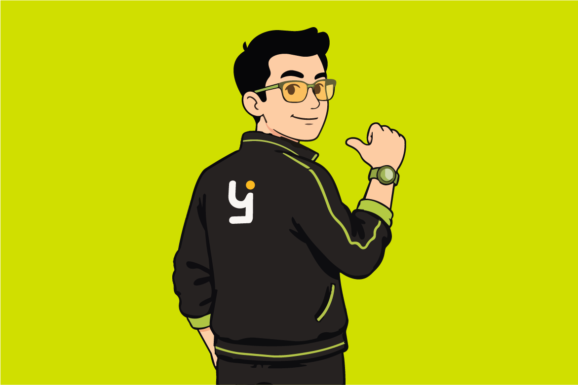 Ilustración de un hombre con gafas mirando atrás y señalando su chaqueta negra con logo blanco y naranja.