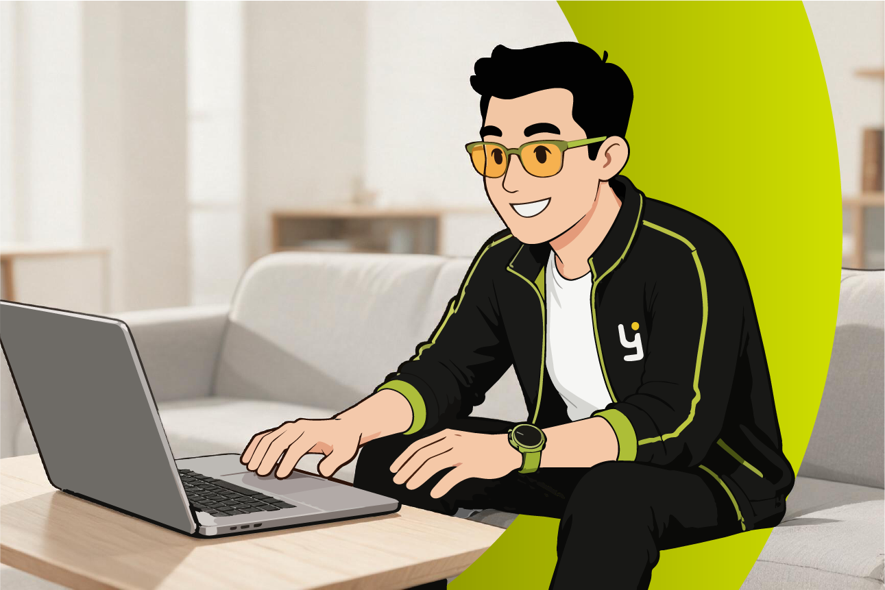 Ilustración de un hombre con gafas amarillas trabajando en una laptop en un sofá moderno.
