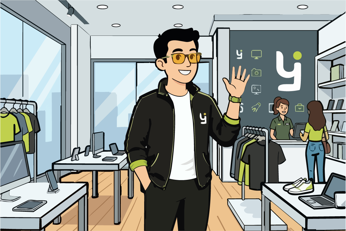 Un hombre con gafas y chaqueta negra saluda en una tienda de ropa y tecnología moderna.