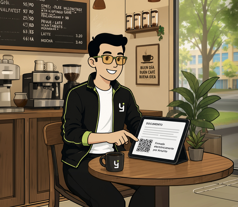 Hombre con gafas mostrando documento electrónico firmado en una tablet en una cafetería moderna.