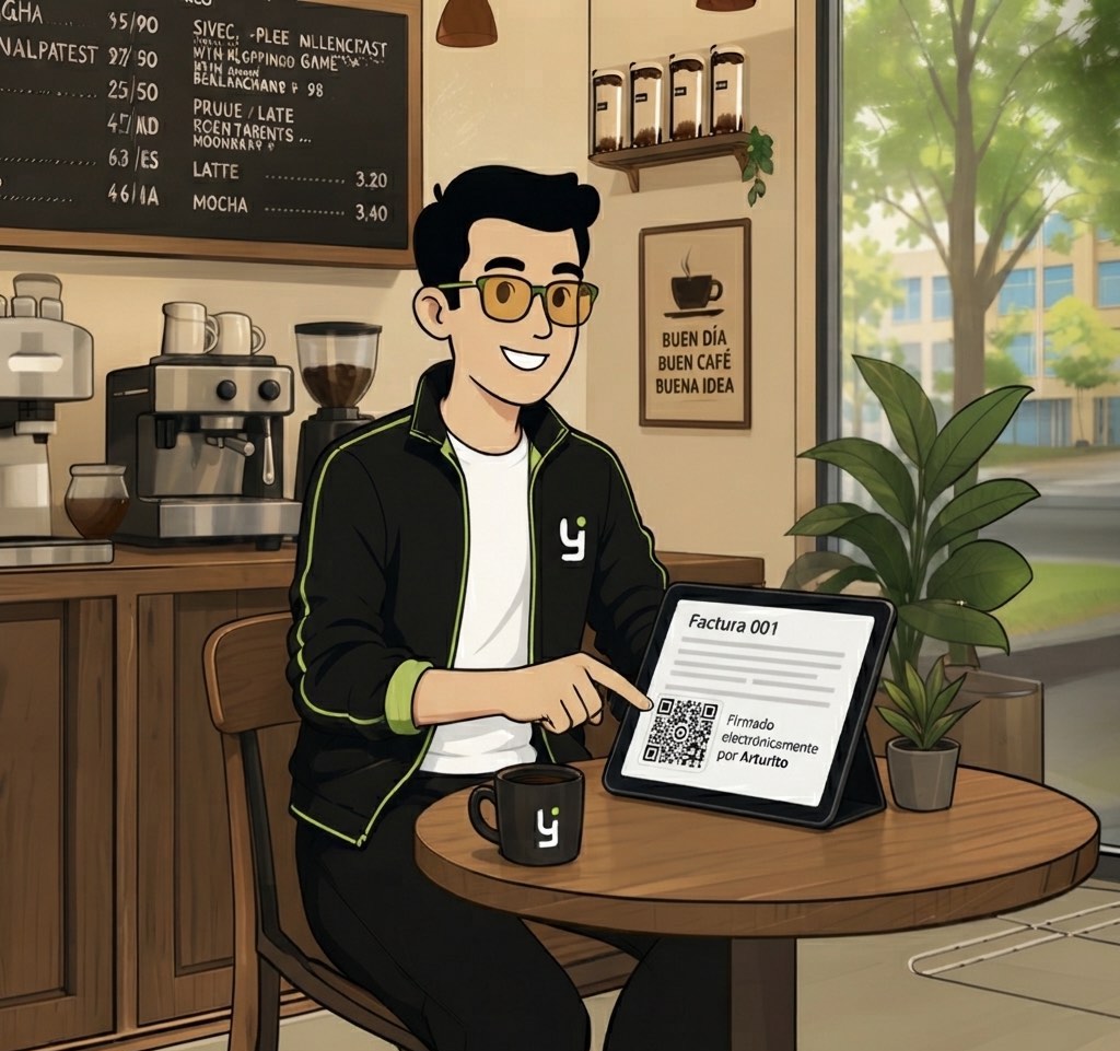 Persona sonriente en cafetería señalando una factura digital en una tablet sobre la mesa junto a una taza.