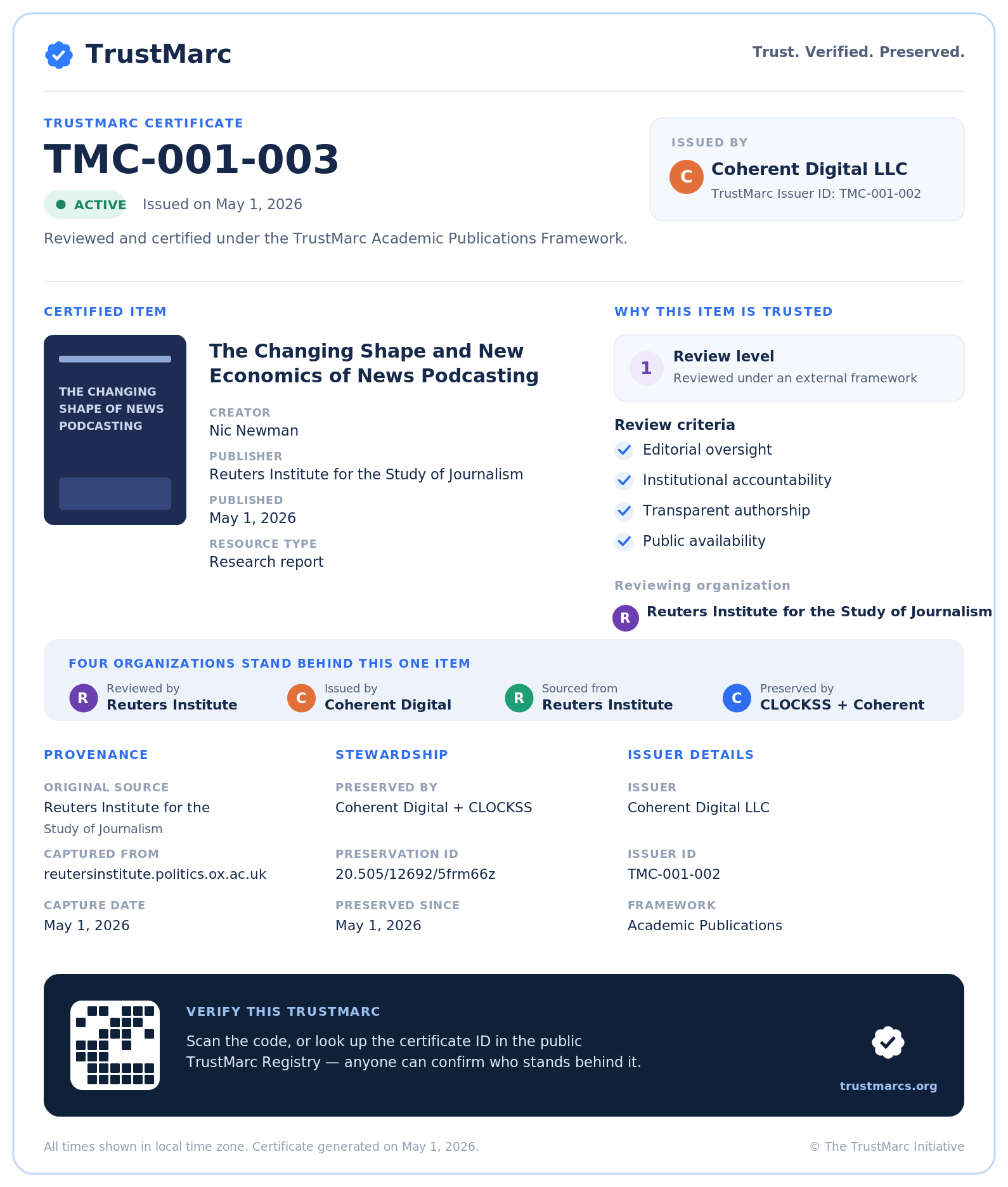 A TrustMarc certificate showing the issuer, reviewing organization, source, and preservation service behind a single item.