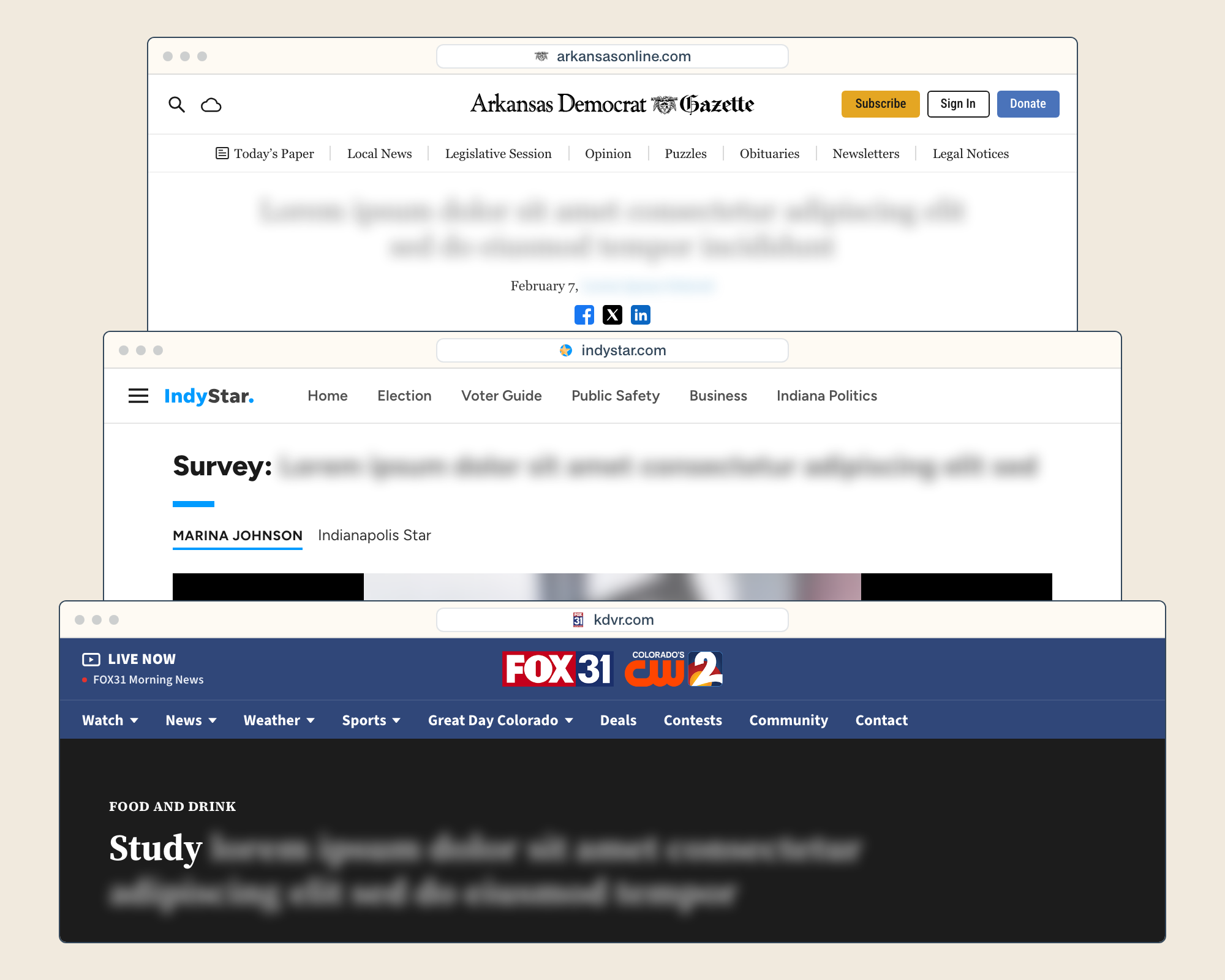 Press coverage on arkansasonline.com, indystar.com and kdvr.com shown as browser windows, with client-specific headline details blurred.