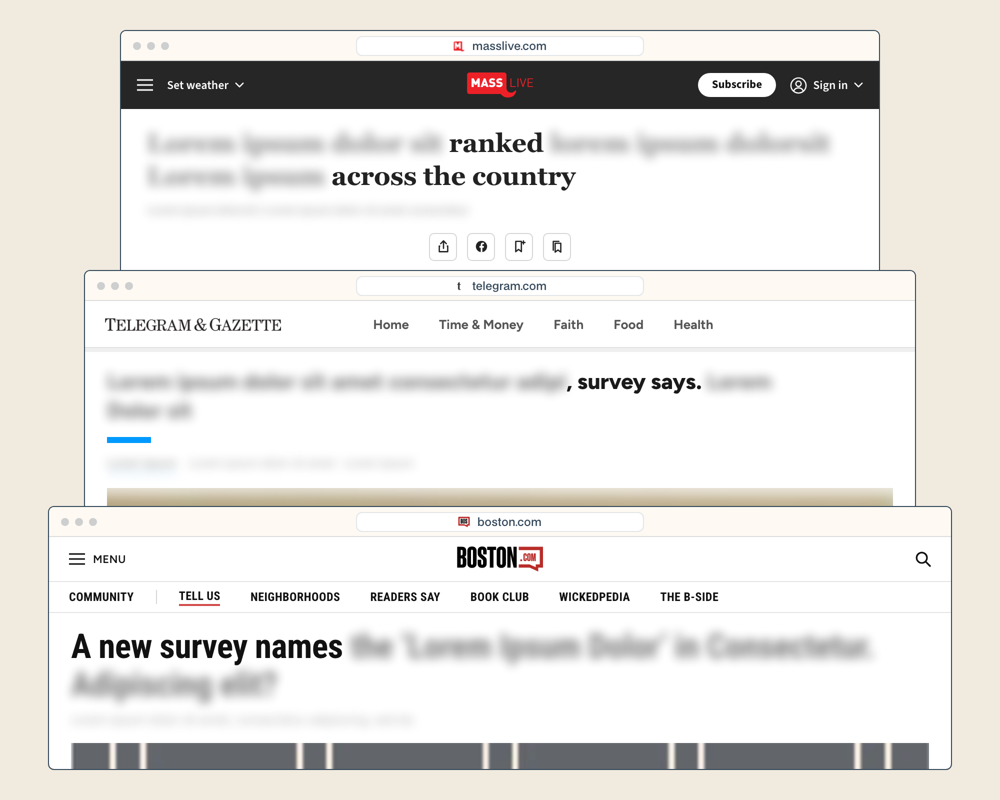 Press coverage on masslive.com, telegram.com and boston.com shown as browser windows, with client-specific headline details blurred.