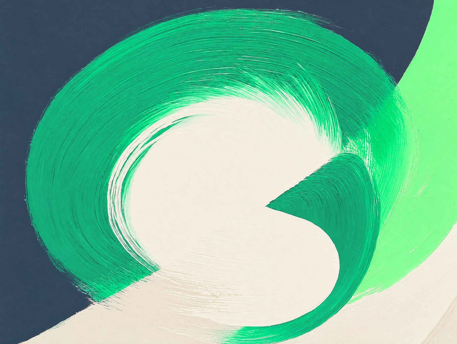 Abstract gouache painting: an emerald green brushstroke swirl around a sand-coloured shape on slate, with mint and sand arcs.