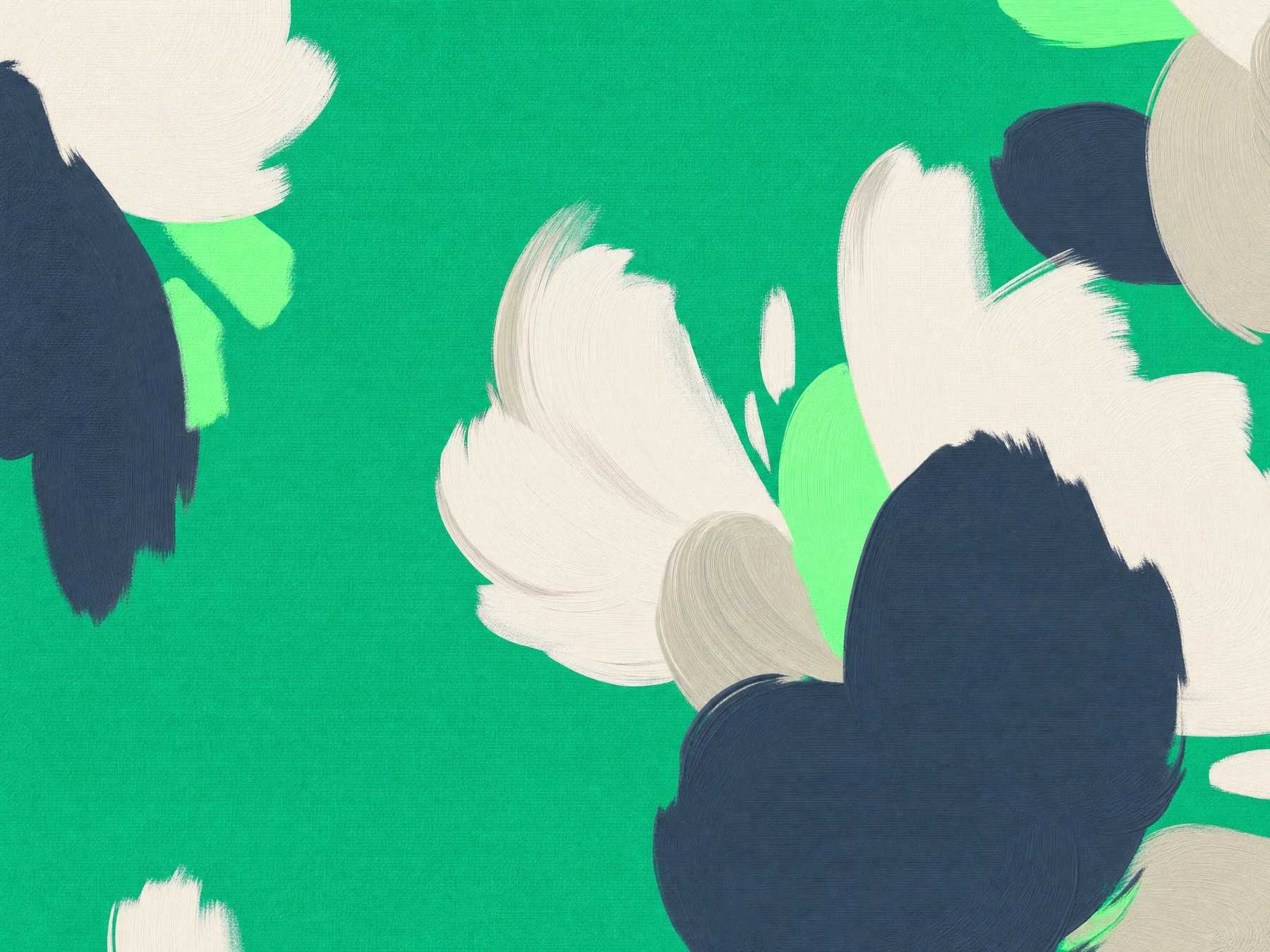 Abstract gouache painting: sand, slate and mint petal-like brushstrokes scattered on an emerald green background.