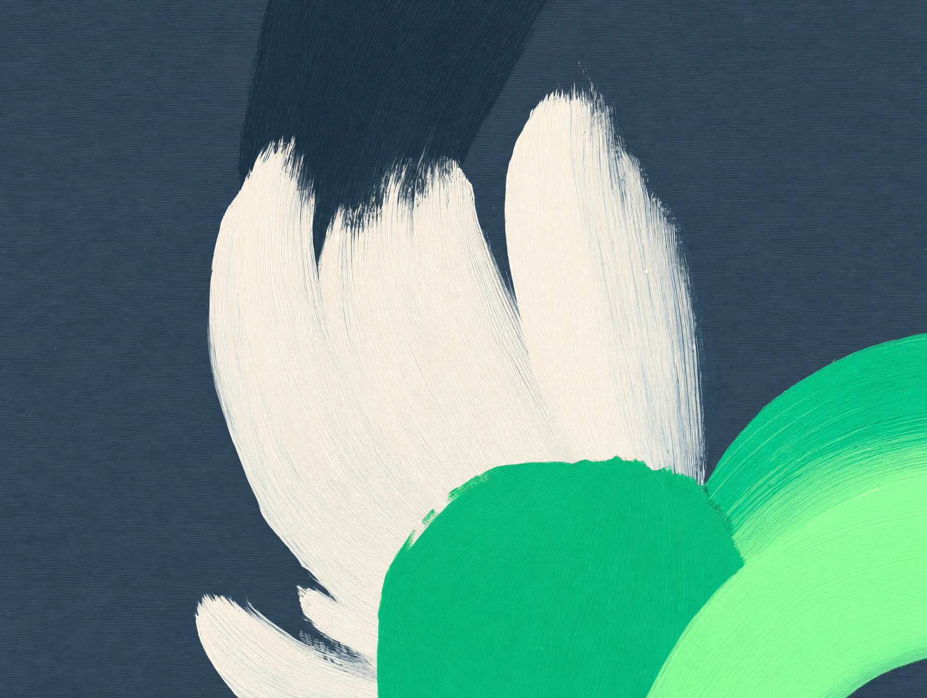Abstract gouache painting: sand daisy petals with an emerald centre and a mint arc on a slate background.