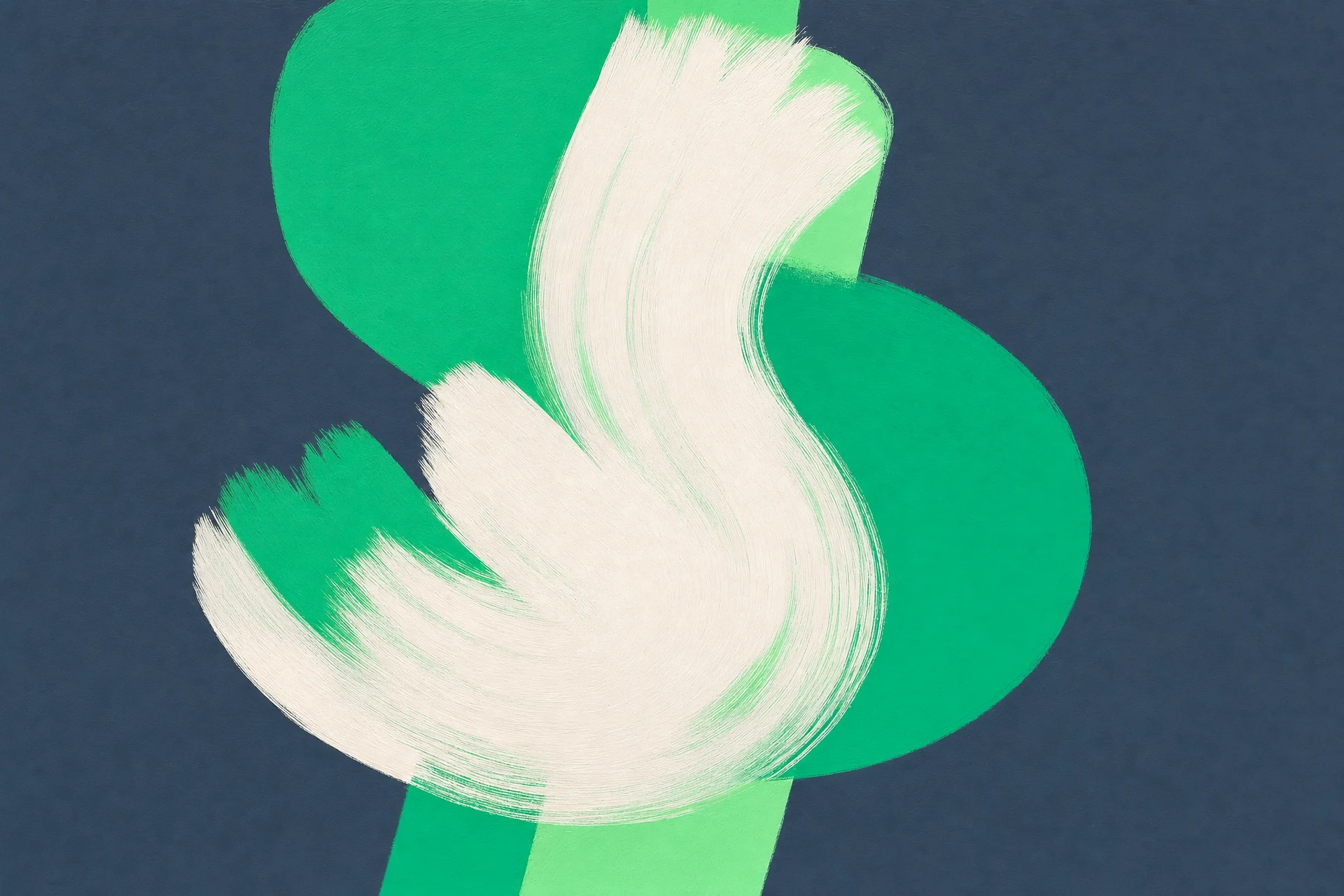 Abstract gouache painting: a sand-coloured S-shaped brushstroke over emerald and mint shapes on a slate background.