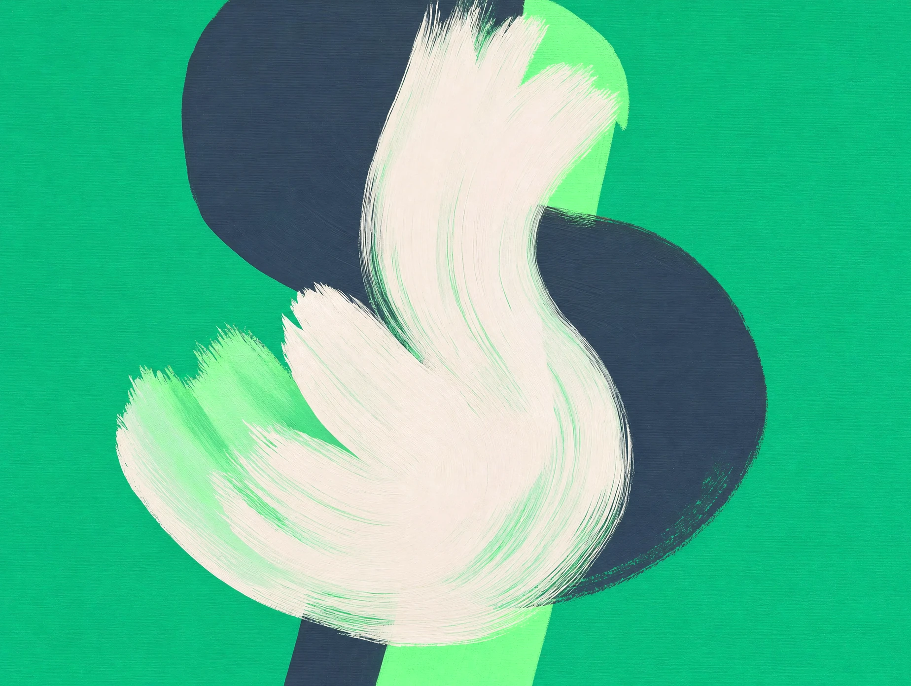 Abstract gouache painting: a sand-coloured S-shaped brushstroke over slate and mint shapes on an emerald green background.