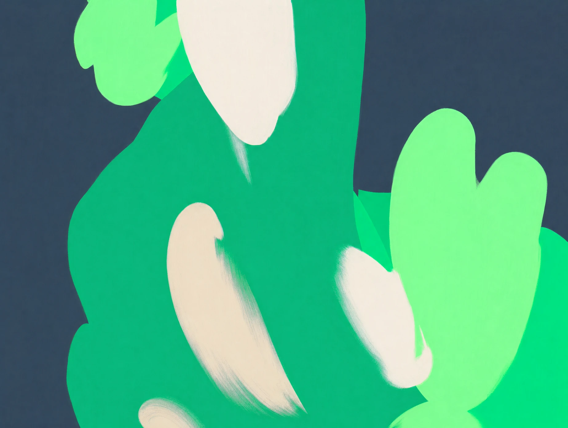 Abstract gouache painting: soft emerald, mint and cream shapes on a slate background.