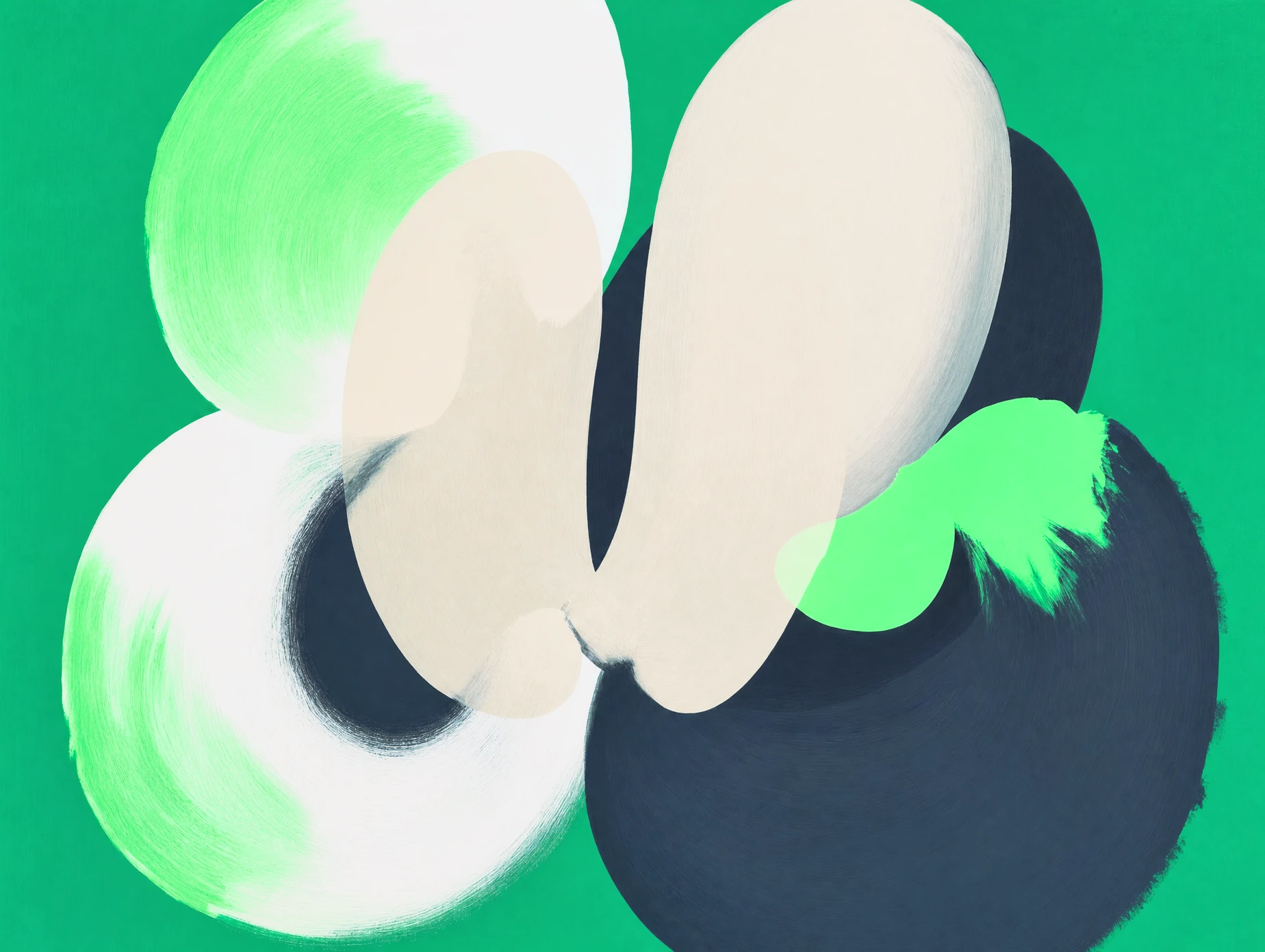 Abstract gouache painting: overlapping sand, mint and slate forms on an emerald green background.
