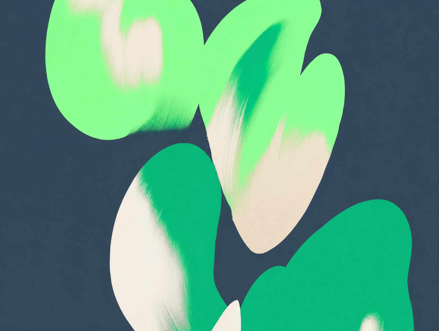 Abstract gouache painting: mint, emerald and cream organic shapes on a slate background.