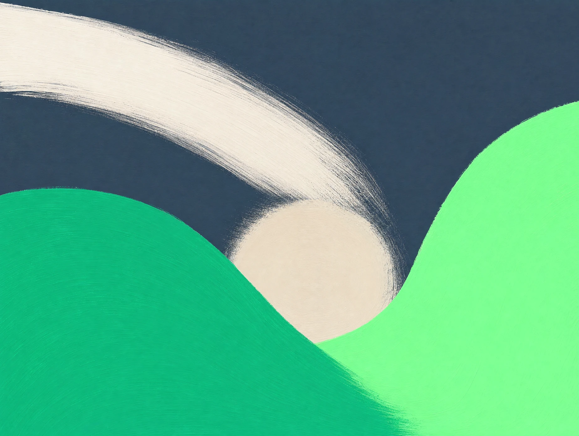 Abstract gouache painting: emerald and mint hills around a sand sun, with a sweeping cream brushstroke on a slate background.