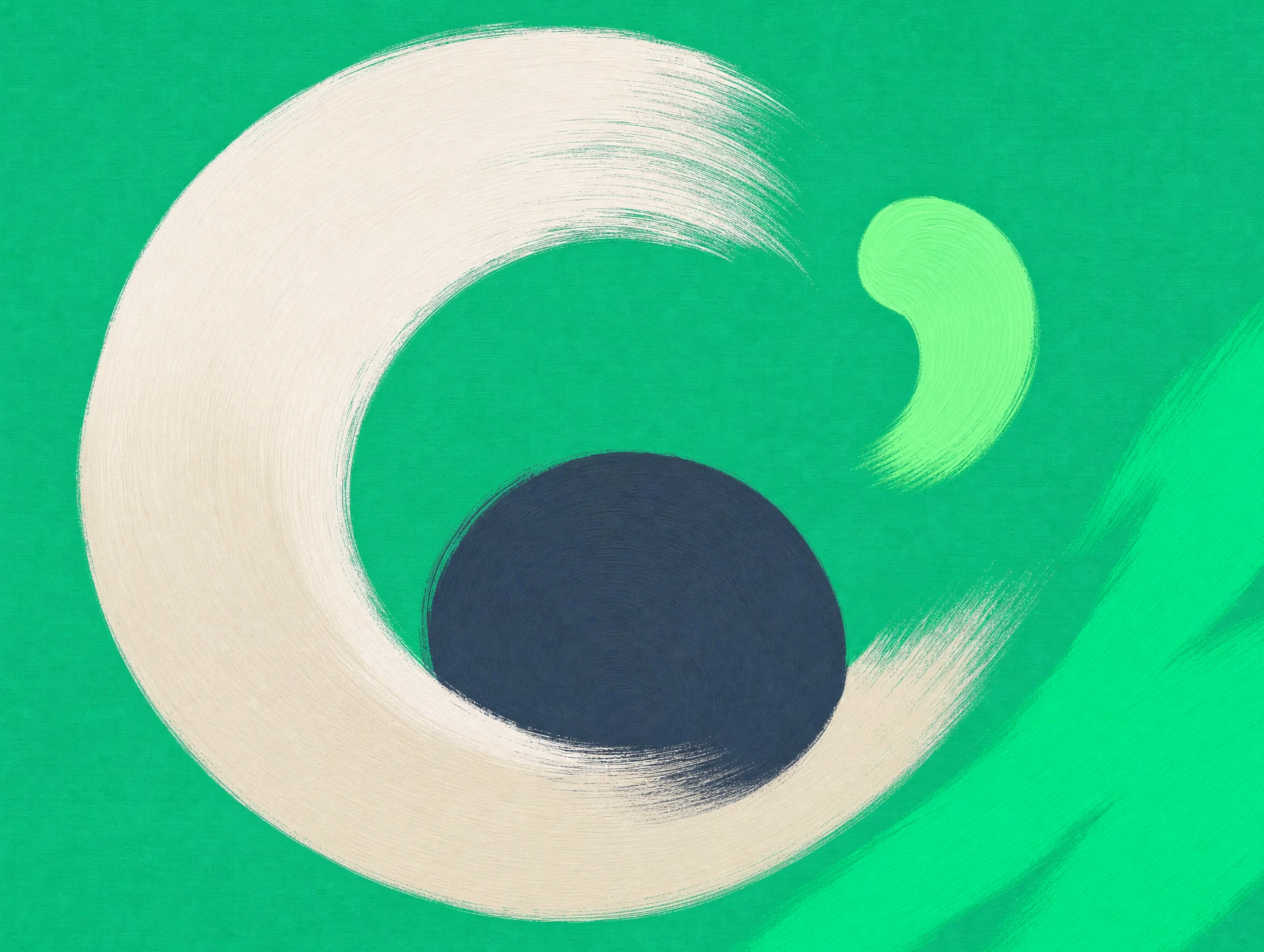 Abstract gouache painting: a broken cream brushstroke ring around a slate disc, with mint and green accents on an emerald background.