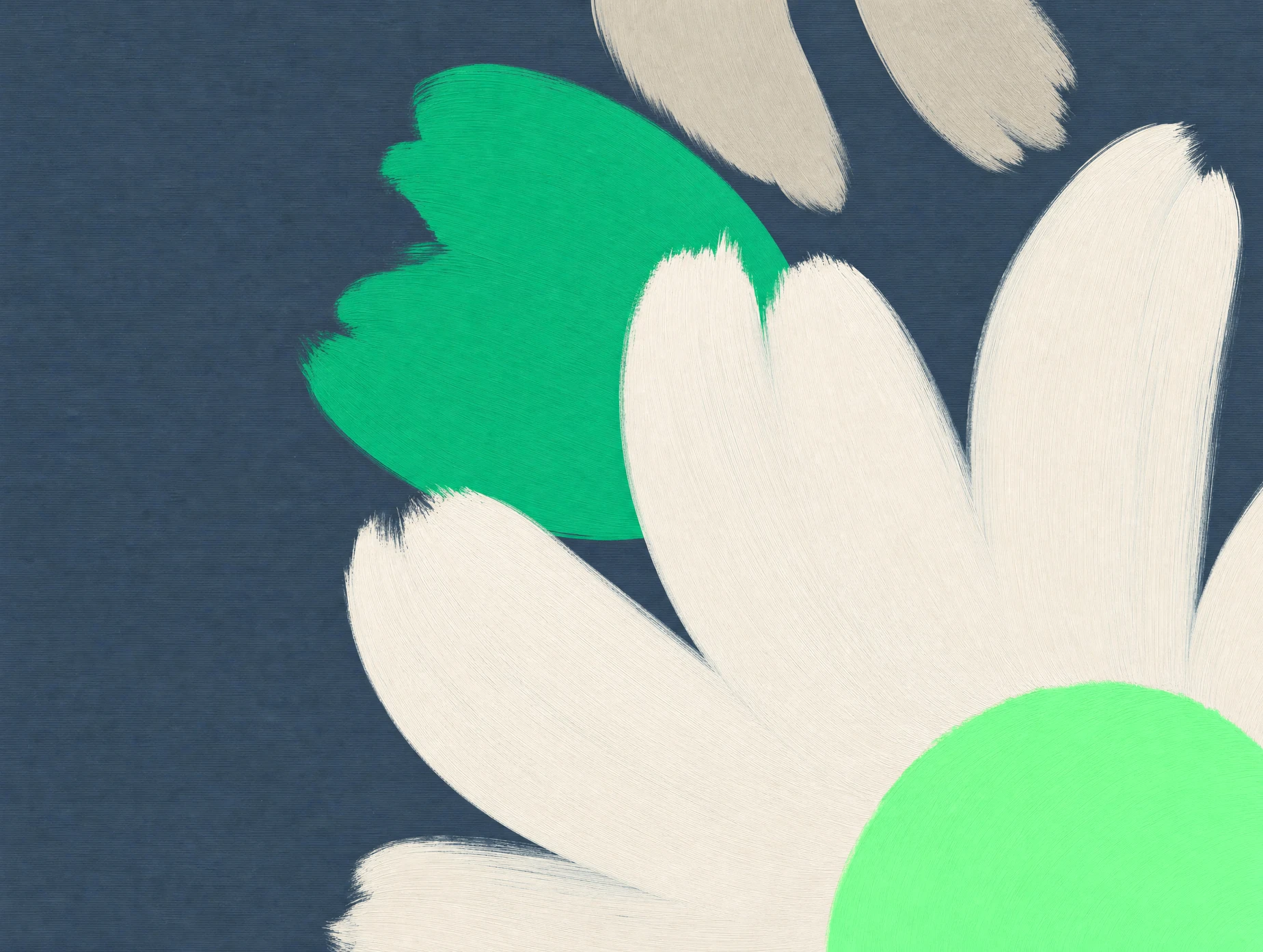 Abstract gouache painting: large cream petals around a mint centre, with an emerald bloom on a slate background.