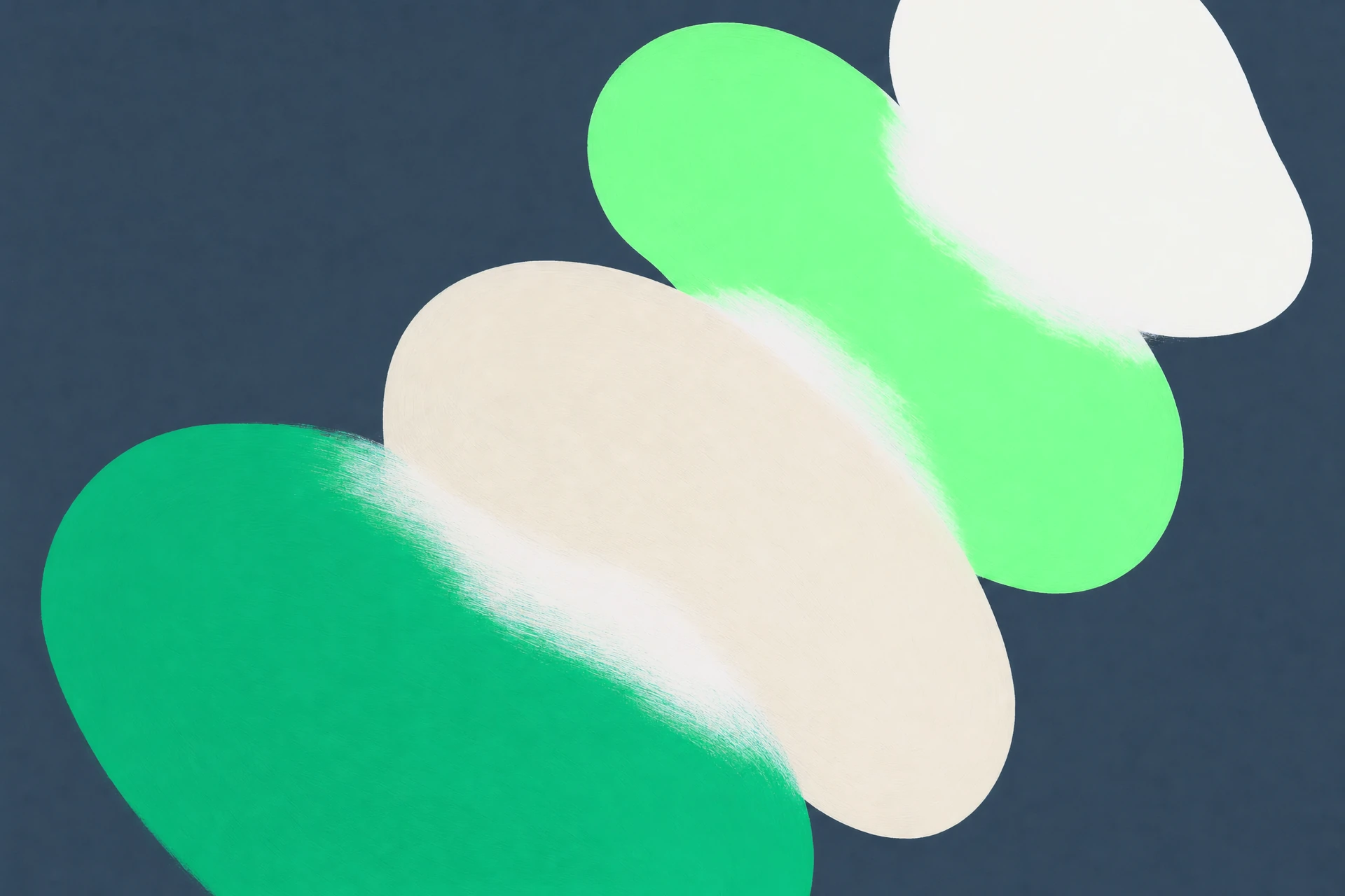 Abstract gouache painting: soft stacked emerald, sand, mint and cream pebble shapes on a slate background.