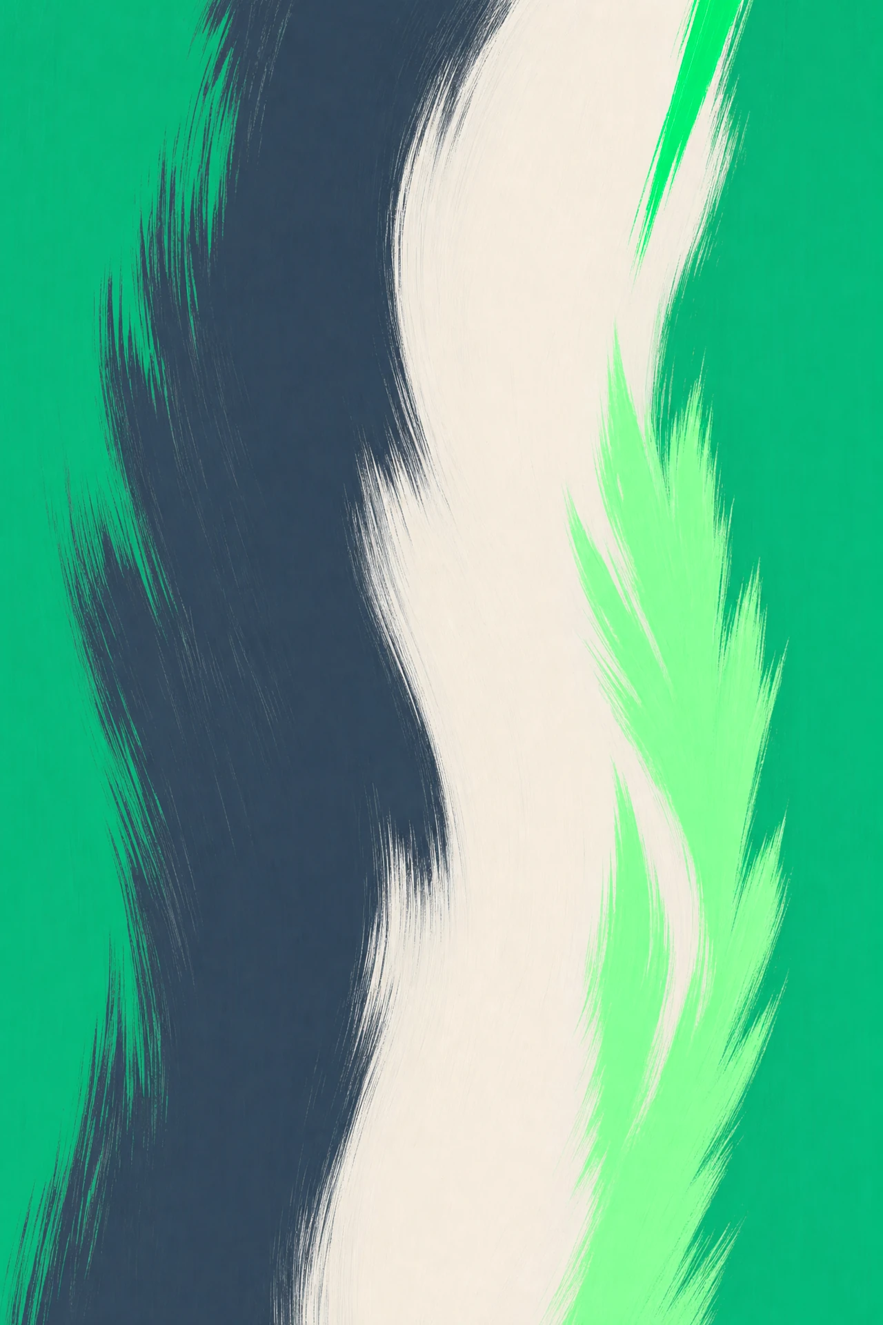 Abstract vertical gouache painting: cream and slate ribbon brushstrokes with mint flicks on an emerald background.
