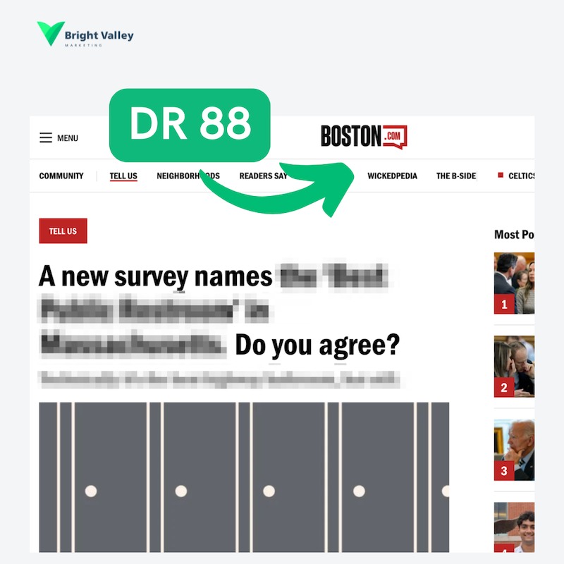 Boston.com article showing a DR 88 backlink.