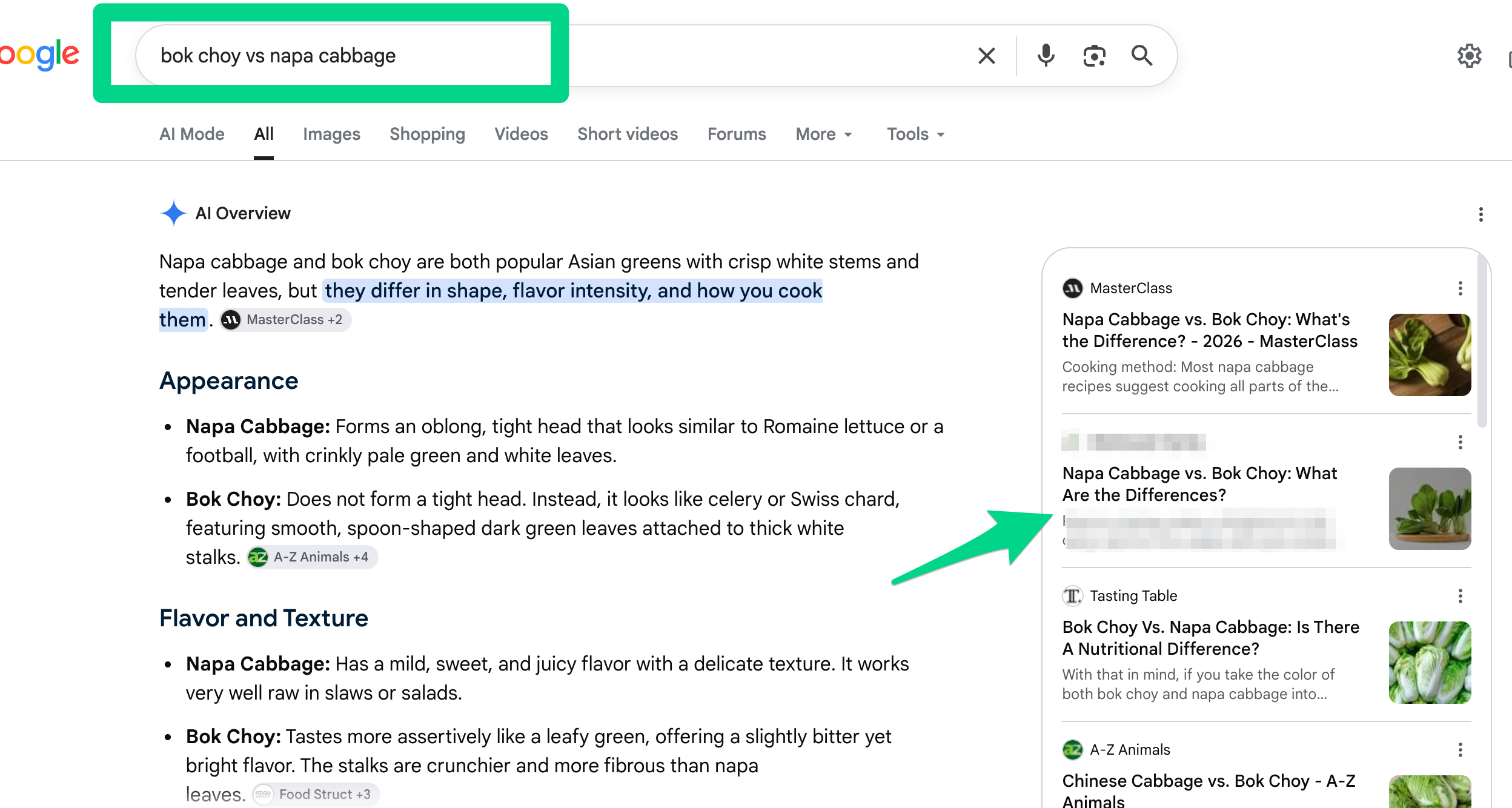 Google AI Overview for the search 'bok choy vs napa cabbage', with a client's article among its cited sources.