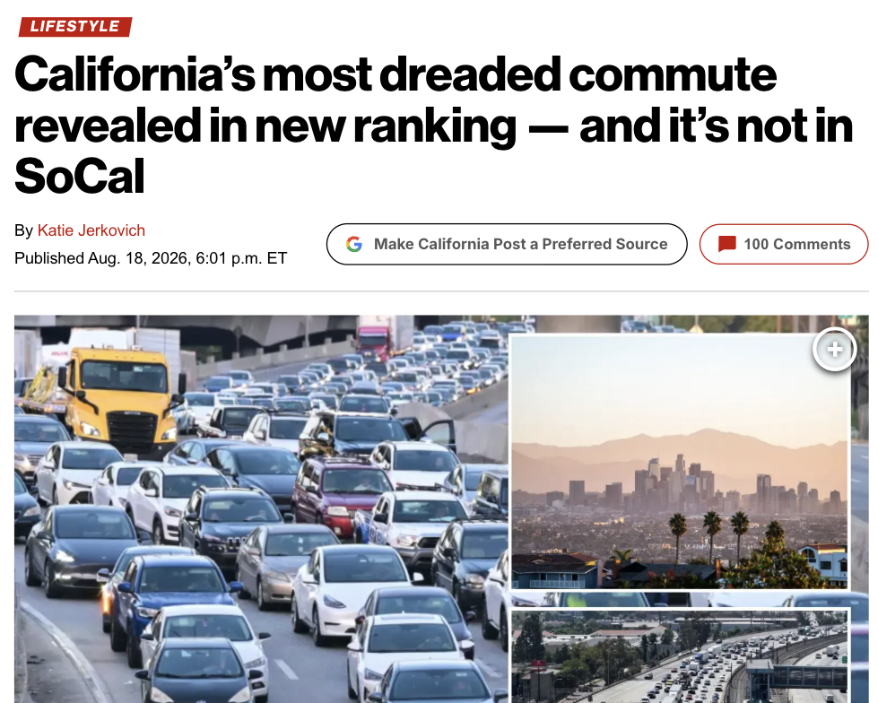 New York Post article: California's most dreaded commute revealed in new ranking, and it's not in SoCal.