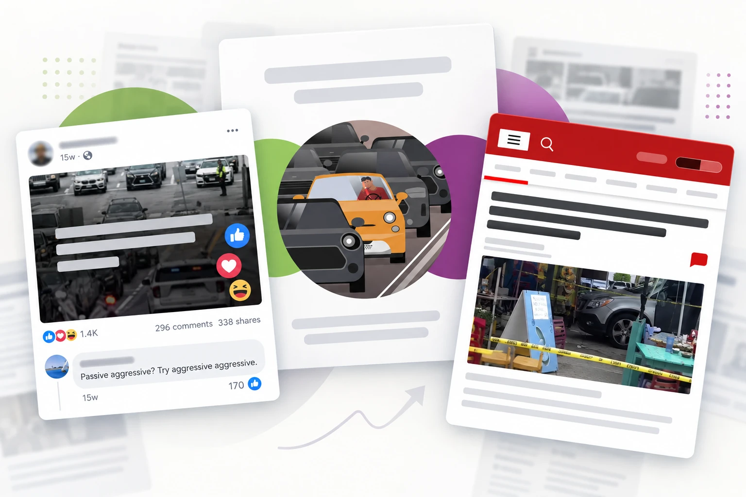 Illustration: a social post with 1.4K reactions, 296 comments and 338 shares next to a news article on the same story.
