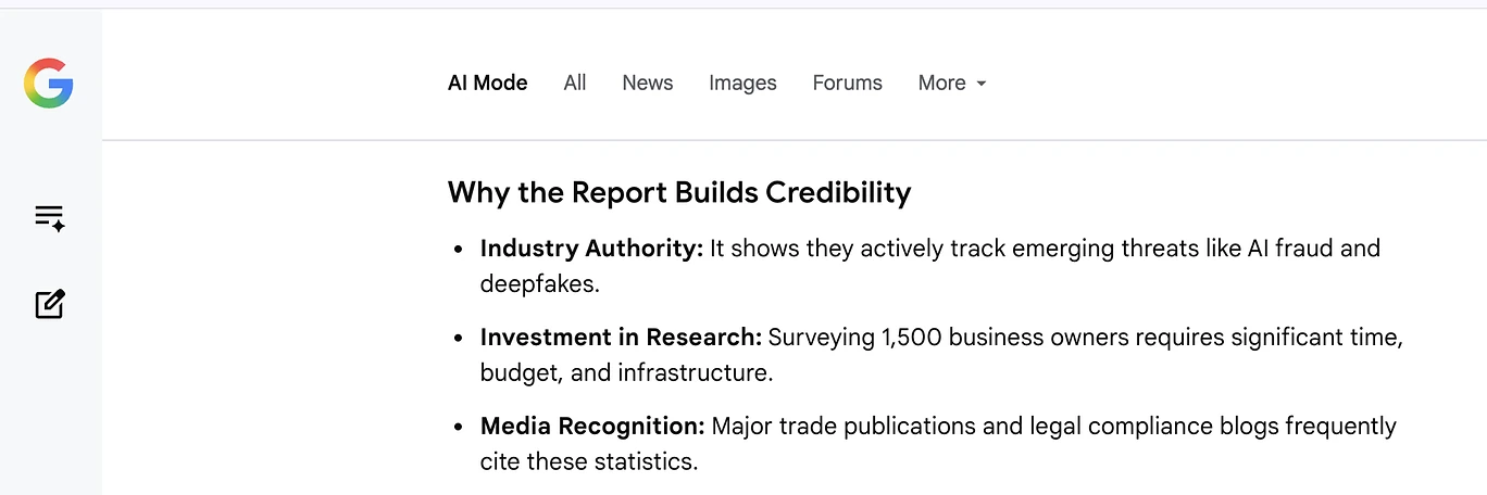 Google AI Mode answer, Why the Report Builds Credibility: industry authority, an investment in research surveying 1,500 business owners, and media recognition from trade publications and legal compliance blogs.