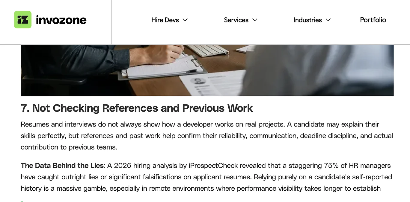 Invozone article citing a 2026 hiring analysis by iProspectCheck: 75% of HR managers have caught outright lies or significant falsifications on applicant resumes.