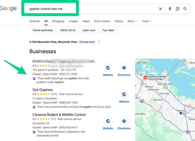 Google Maps results for 'gopher control near me', with a client's business listed first.